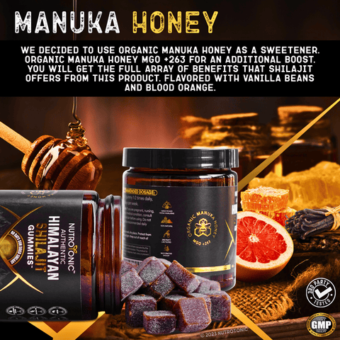 Authentic Himalayan Shilajit® Gummies Sweetened with Organic Manuka Honey Flavored with Organic Blood Orange Oil & Organic Vanilla