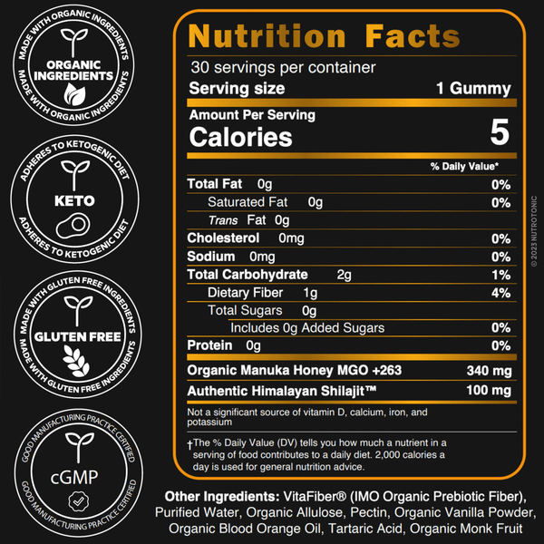 Authentic Himalayan Shilajit® Gummies Sweetened with Organic Manuka Honey.