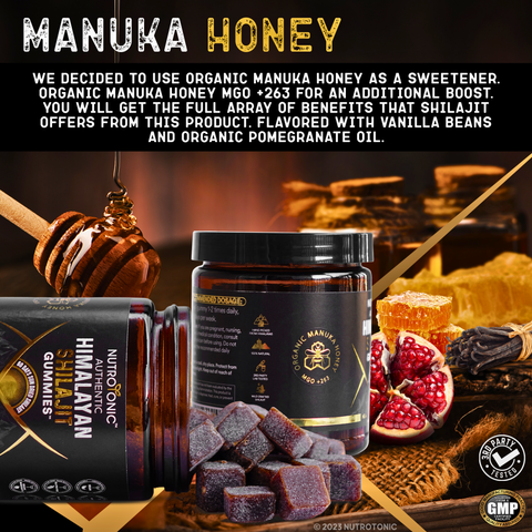 Authentic Himalayan Shilajit® Gummies Sweetened with Organic Manuka Honey Flavored with Pomegranate Oil & Organic Vanilla